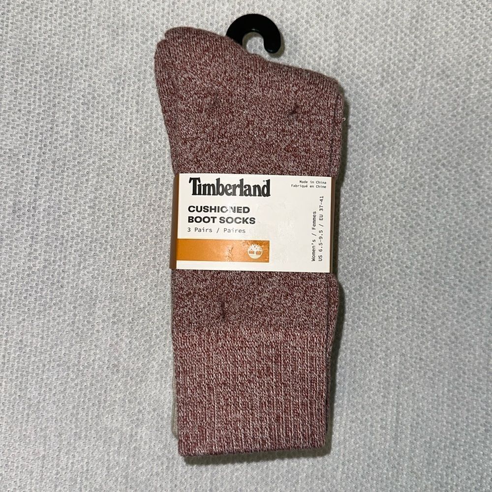 Timberland Beige Heather Burgundy Tan W6.5-9.5 Knit Cushioned Boot Socks 3 Pack